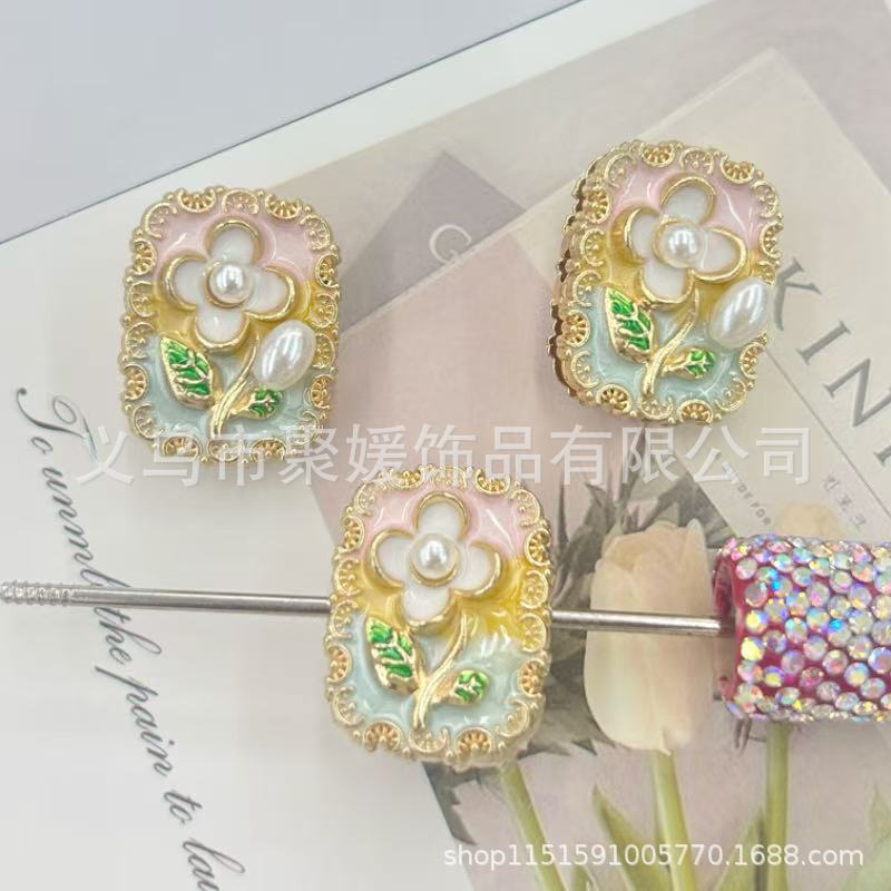 Wholesale 10pcs Oil painting style  flowers pearls beads