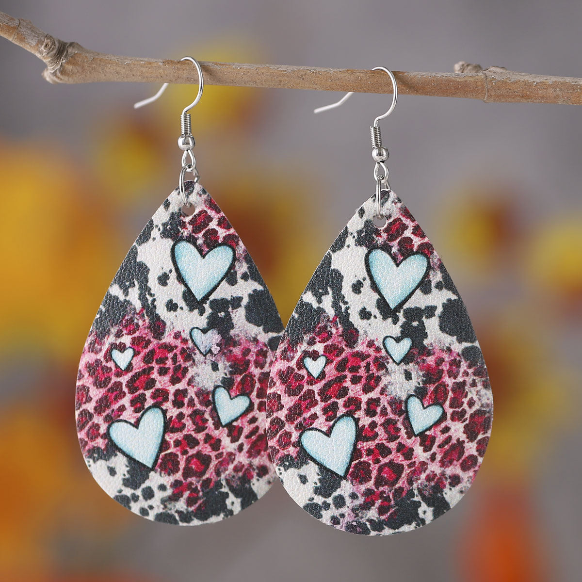 Wholesale Valentine' s Day Love Leopard Pattern Love Water Drop Earrings