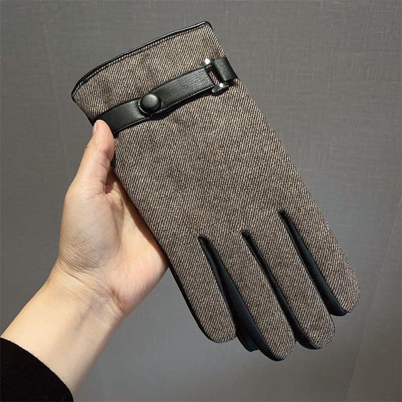 Wholesale Men's Winter Leather Patchwork Plaid Warm Gloves