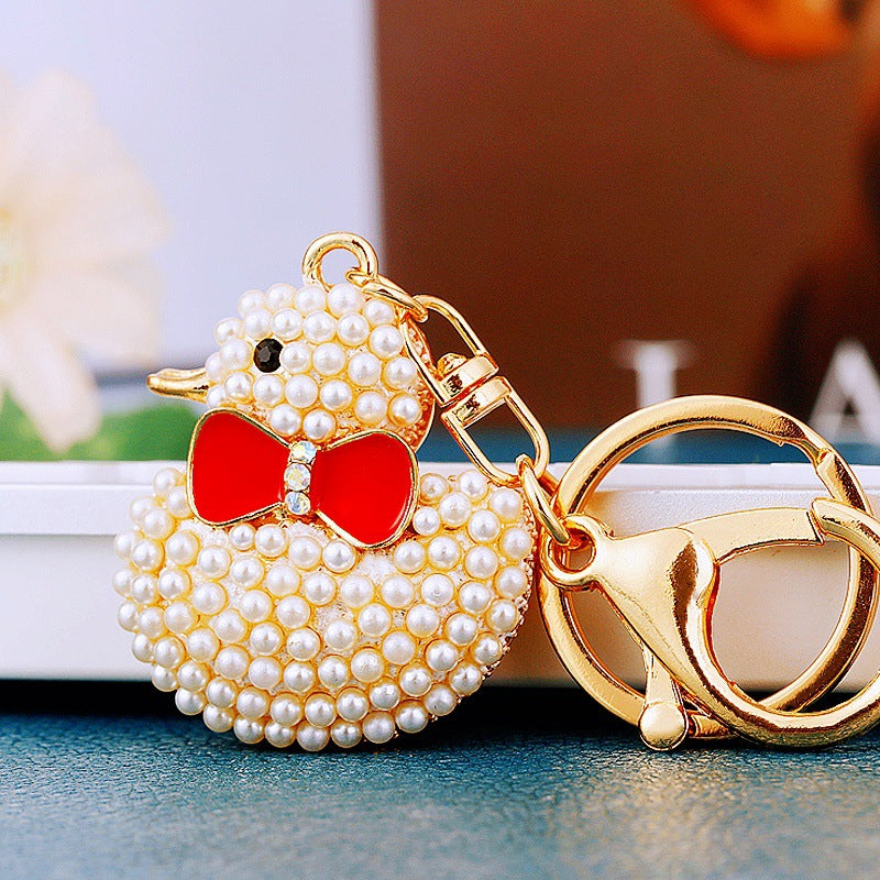 Wholesale Cute Crystal Studded Little Yellow Duck Car Keychain Bag Charm For Women Boutique Resale Decorative Accessory
