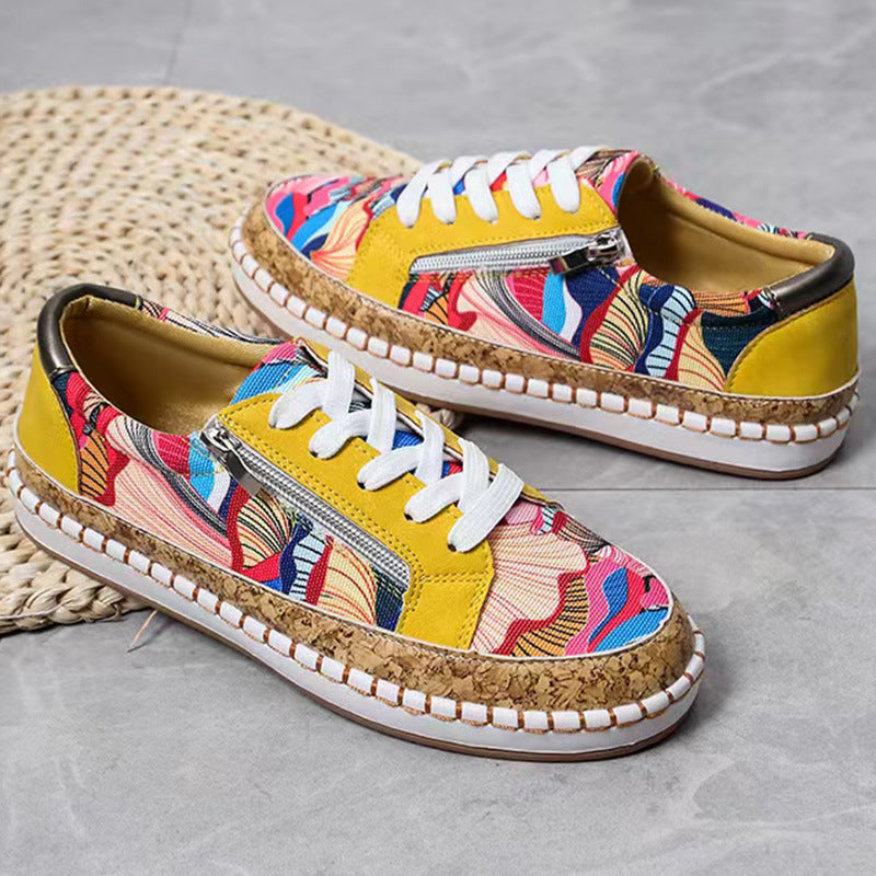 Wholesale New Ethnic Style Color Matching Printing Thick Bottom Sports Style Low Top PU Shoes