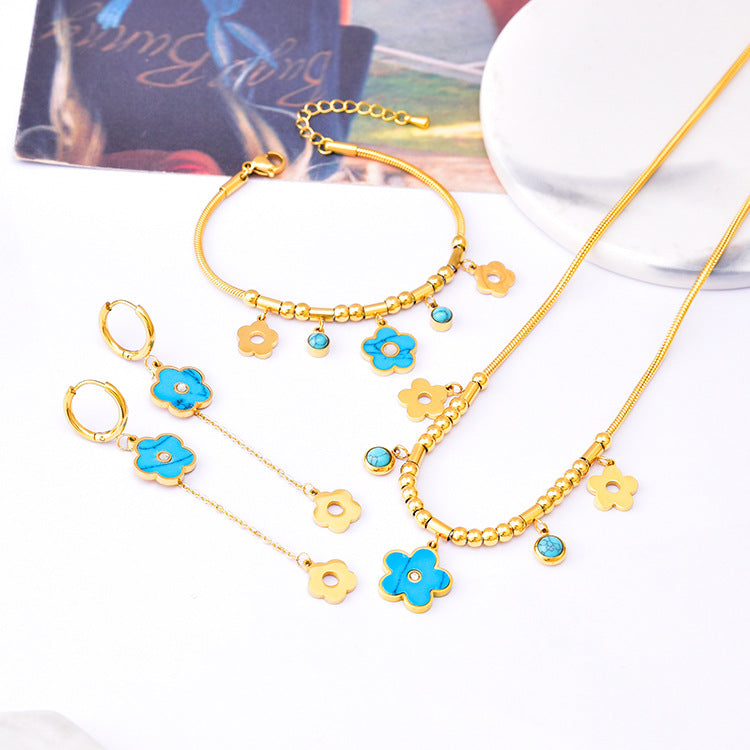 Wholesale Round Tube Five-pointed Star Necklace Turquoise Clavicle Pendant Long Tassel Earrings Bracelet Set