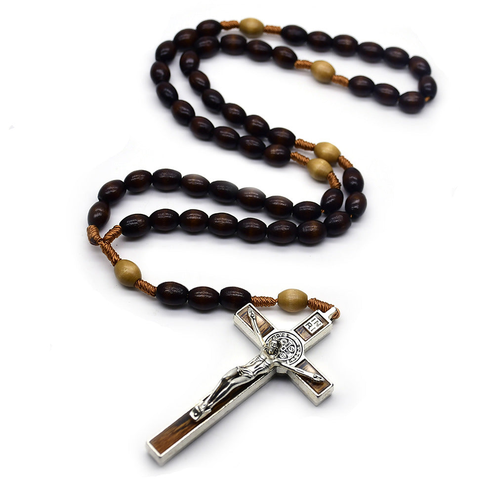 Wholesale Dark Brown Rice-Shaped Rosary  Cross Necklace