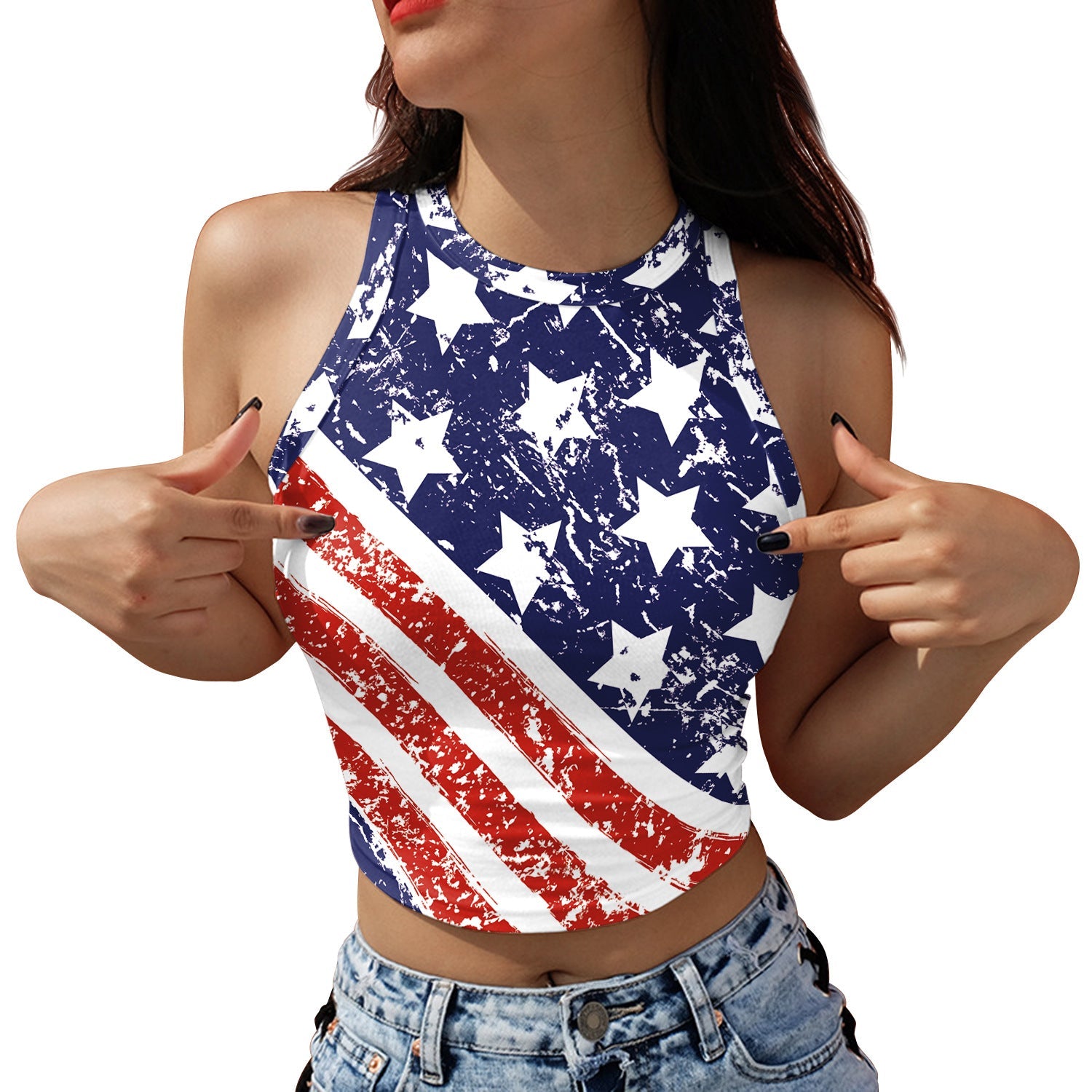 Wholesale American Independence Day Flag Print Sleeveless Off Shoulder Tank Top