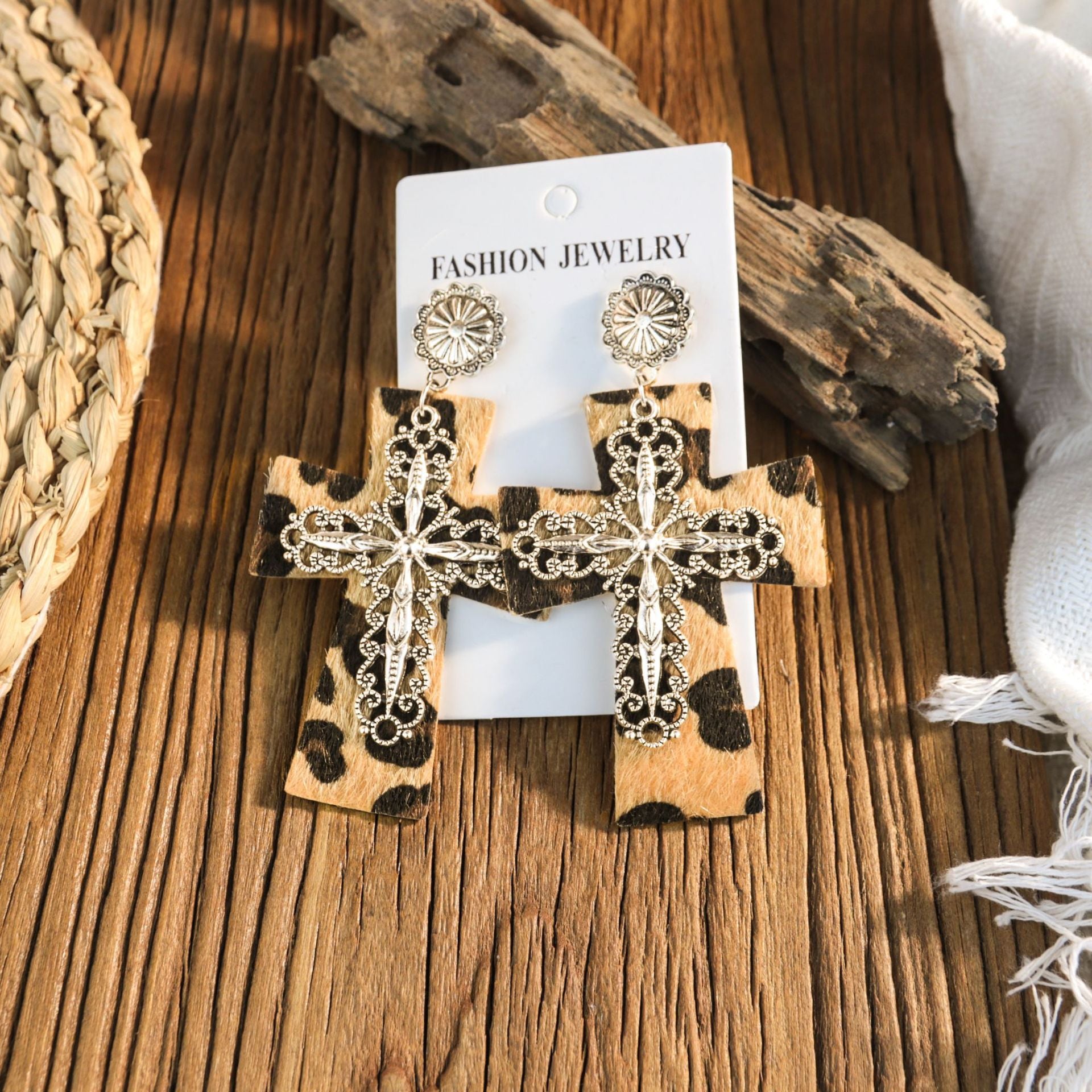 Wholesale Western-style leather leopard print cross earrings