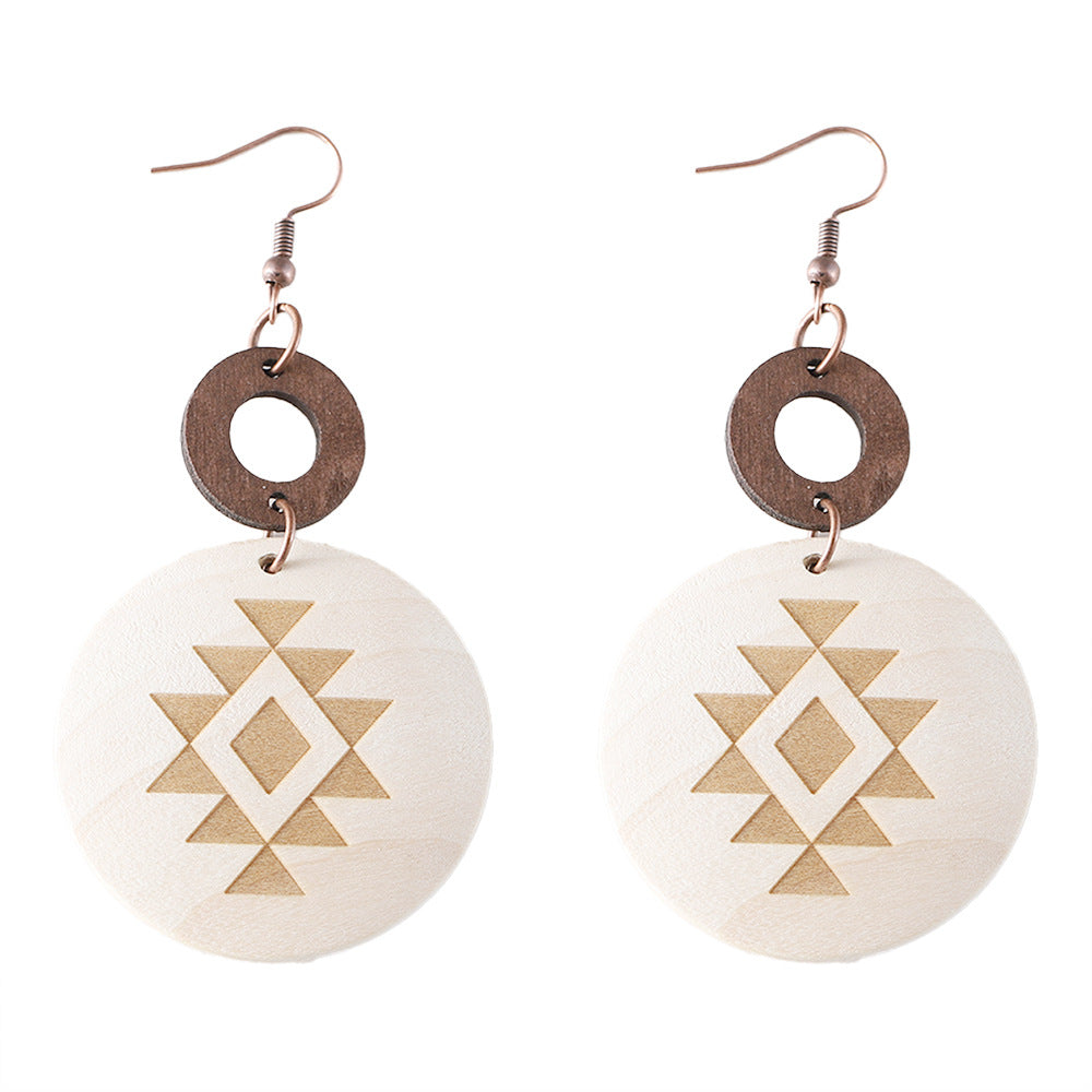 Wholesale Bohemian Western Style Cactus Sun Aztec Pattern Wooden Laser Disc Stitching Earrings