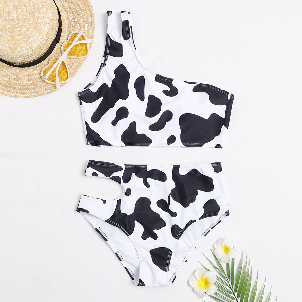 Wholesale Cow Pattern Leaf Print High Waist Bikini Tankini Swimsuit
