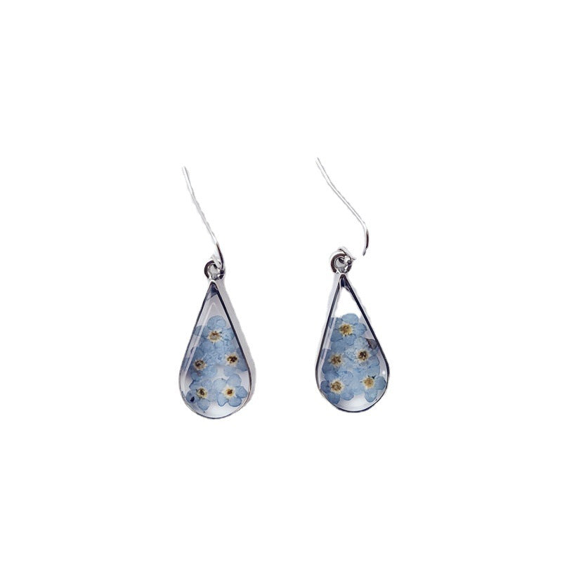 Wholesale 6pcs Fashion Water Drop Shape Dried Flower Blue Forget-me-not Real Flower Earrings