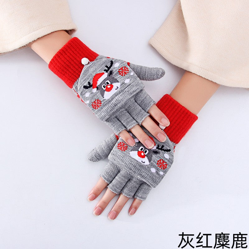 Wholesale Christmas Winter Half Finger Flip-up Cold-proof Warm Knitted Gloves