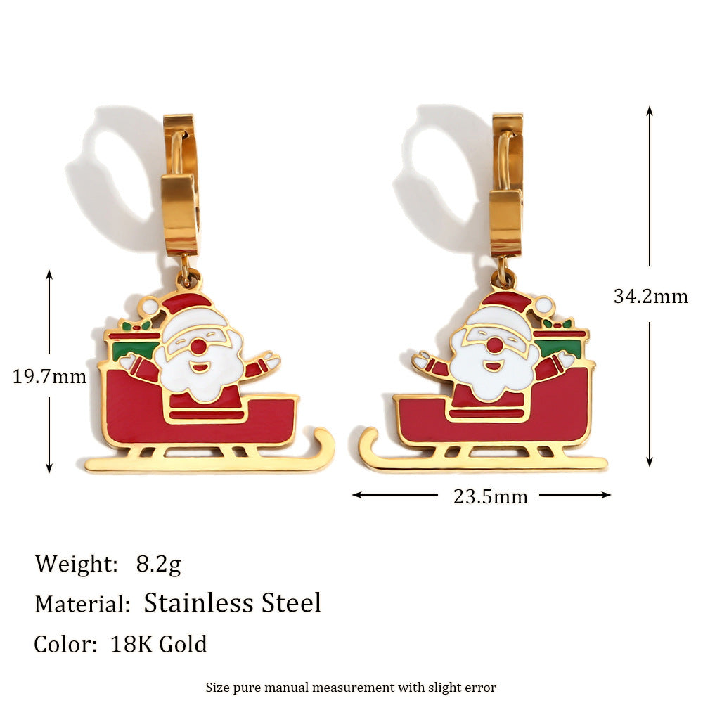 Wholesale Cute Cartoon Santa Claus Oil Dripping Stainless Steel 18K Gold Plated Sleigh Christmas Tree Earrings