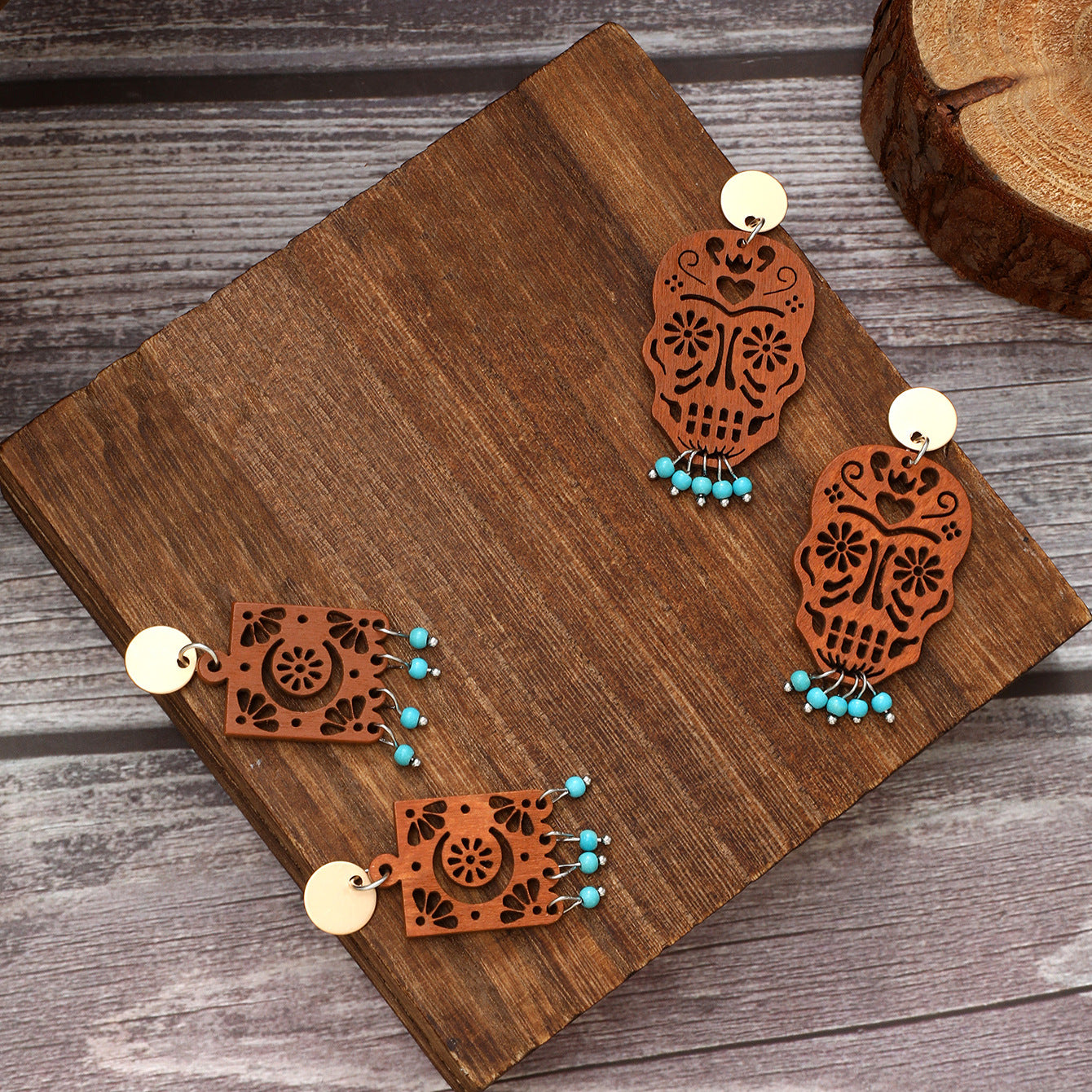 Wholesale Bohemian Butterfly Leaves Skull Hollow Wooden Earrings
