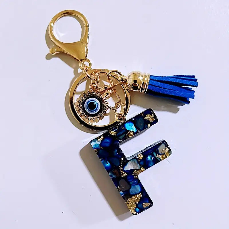Wholesale Blue English letter Evil Eye tassel keychain