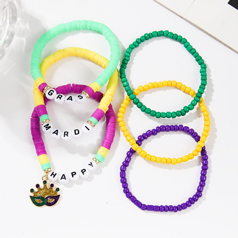 Wholesale Carnival Party Beads Purple Yellow Green Collocation Bracelet MARDI GRAS Layered Bracelet