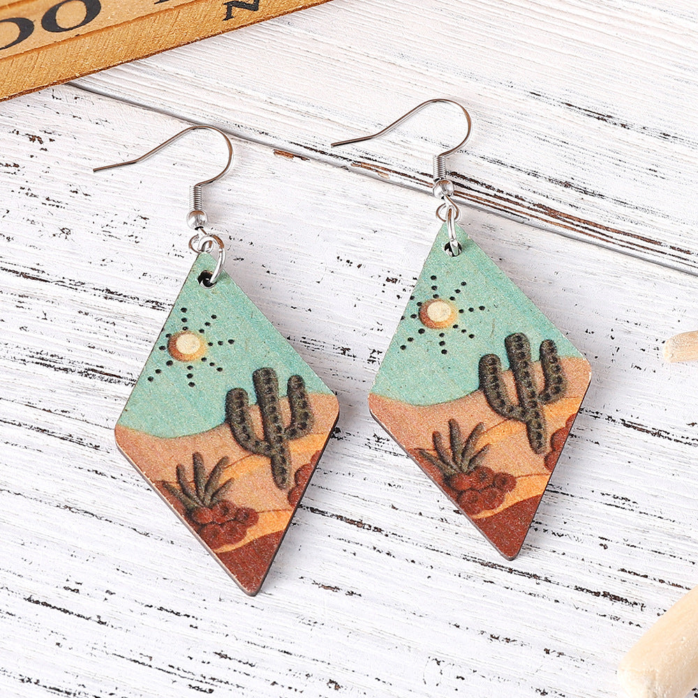 Wholesale Trendy Desert Cactus Wood Drop Earrings Double Sided Geometric Western Style Jewelry Accessory For Boutique Resale