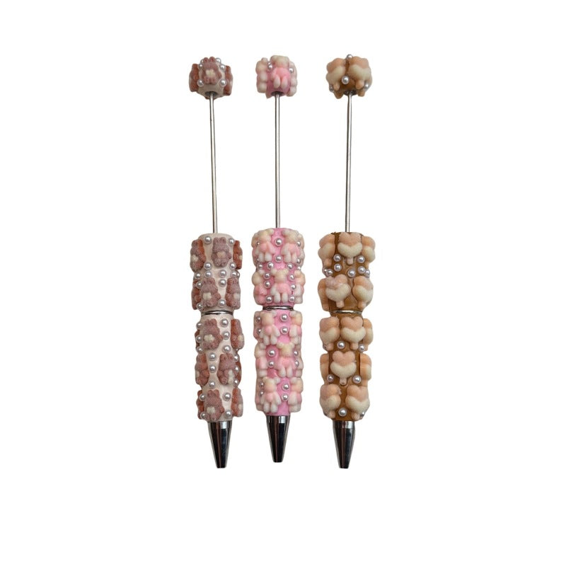 Wholesale  2pcs Flocked Heart Bear Bow  Ballpoint Fancy Beadable Pens DIY Beaded