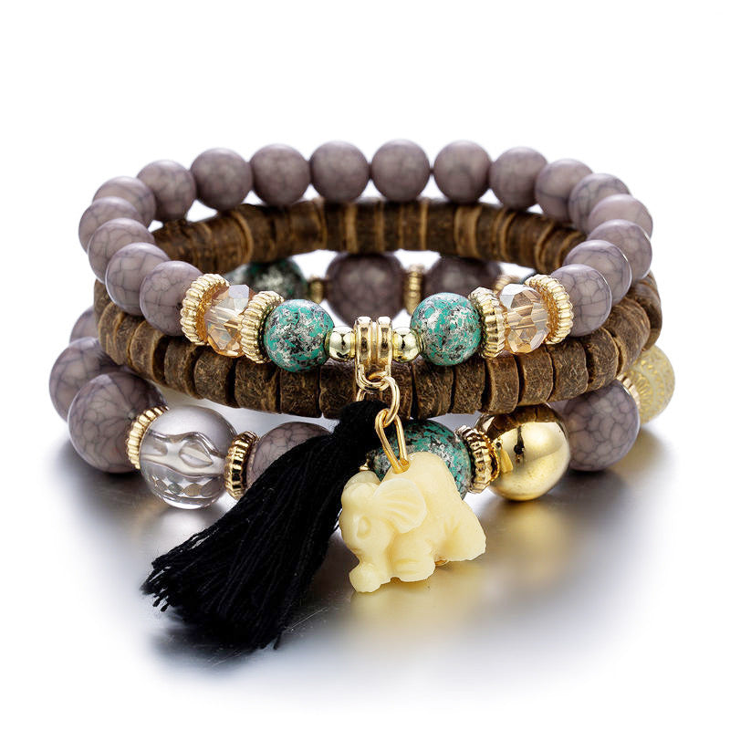 Wholesale Bohemian Trendy Ethnic Style Elephant Tassel Wood Bead Multi Layer Temperament Bracelet