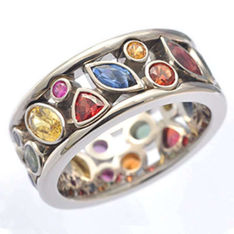 Wholesale Geometric Pattern Hollowed Out Diamond Inlaid Multi-color Metal Rings