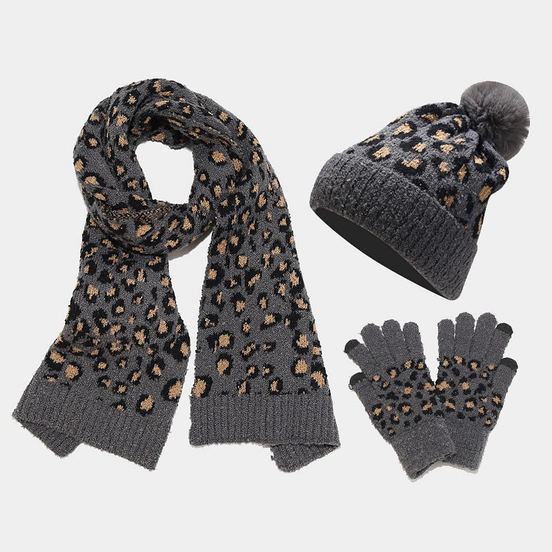 Wholesale Autumn and Winter Cold-proof and Warm Thickened Wool Knitted Leopard Print Scarf and Gloves Three-piece Set