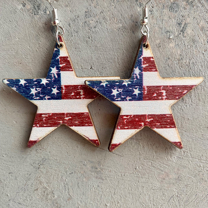 Wholesale 2 Pair/Pack American Independence Day Star Hat Earrings Cactus Wood Earrings