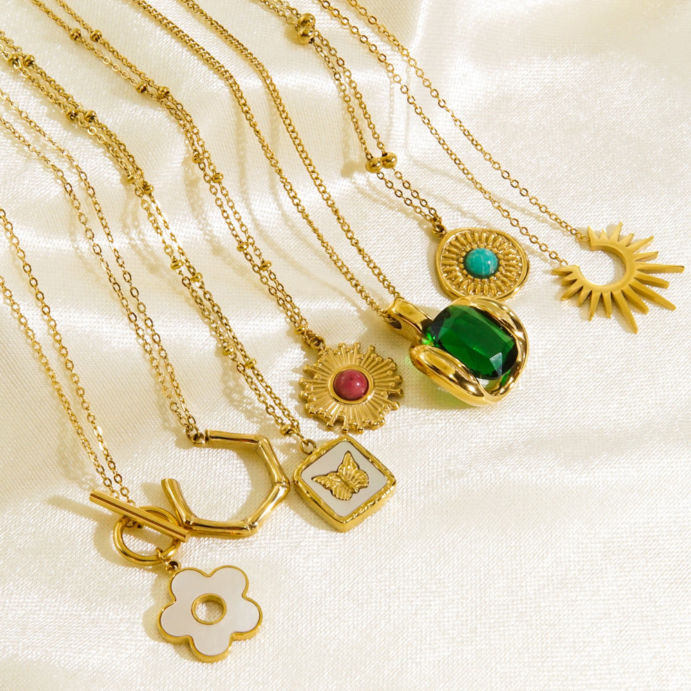 Wholesale Stainless Steel Rhodochrosite Tianhe Stone White Shell Green Diamond Inlaid Necklaces