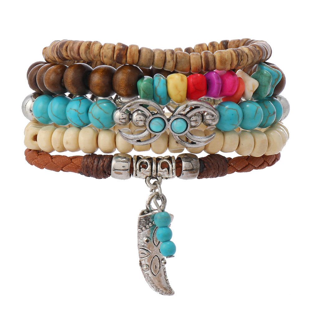 Wholesale Western Turquoise Cattle Head Hat Multi-layer Storestring Bracelet Multi-piece Beaded Bracelet