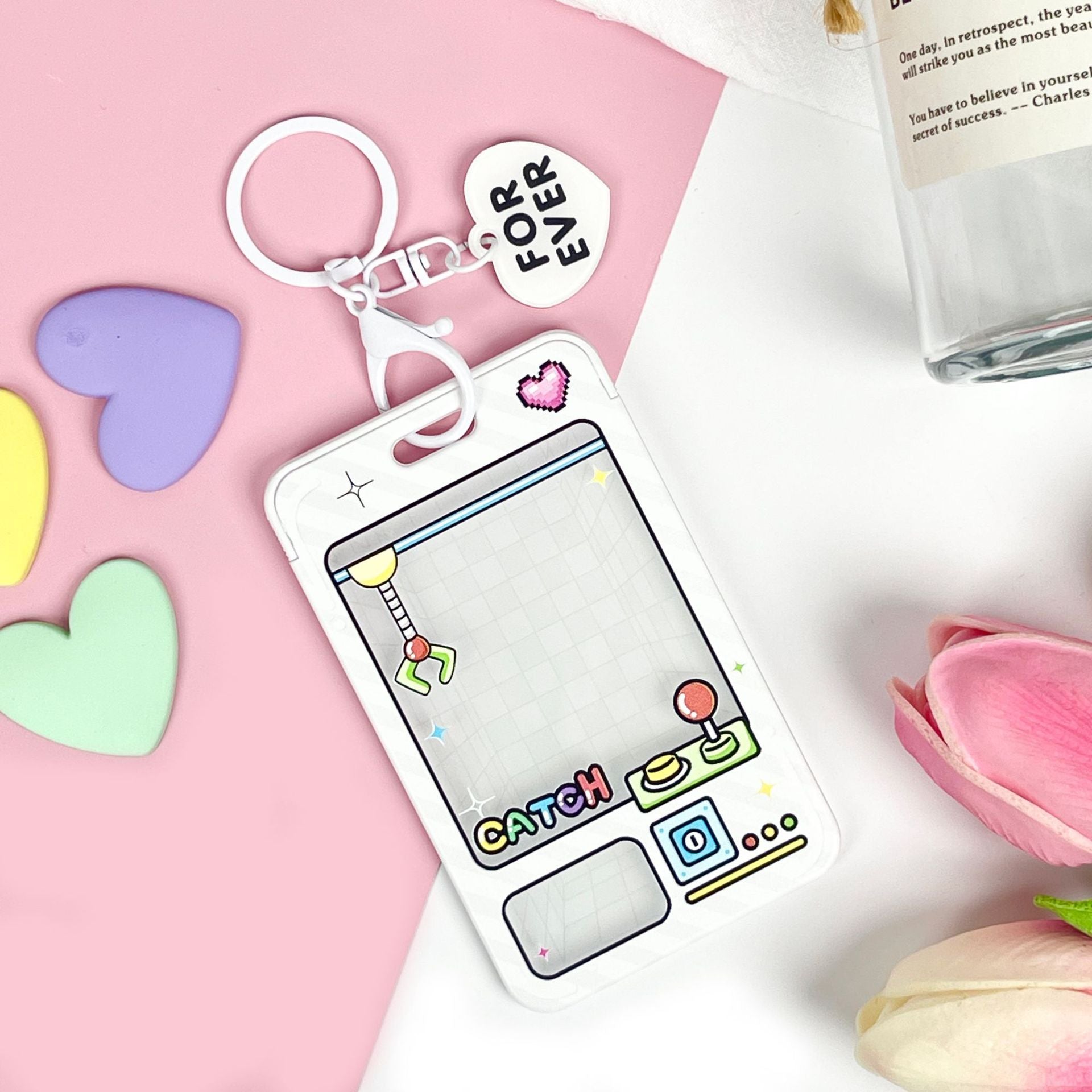 Wholesale latch type transparent card holder cartoon ID holder embossed bus card protective cover key chain