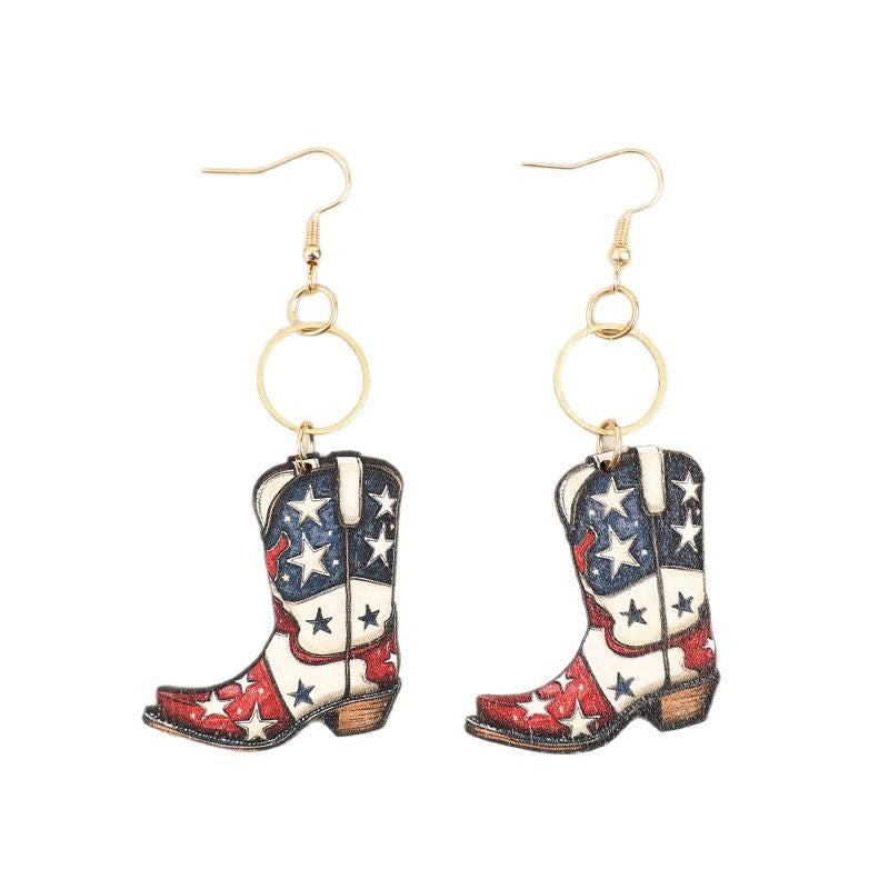 Wholesale Independence Day Retro Western Boots Star Print Wooden Earrings Fashion Jewelry Accessory Gift