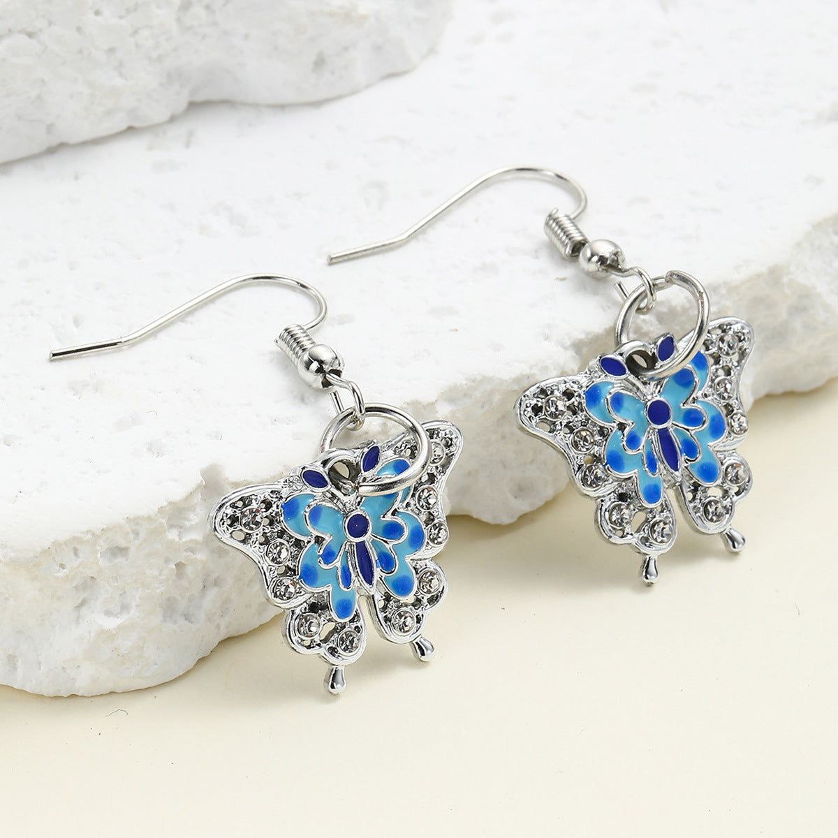 Wholesale Diamond Oil Dripping Blue Vintage Butterfly Zinc Alloy Earrings