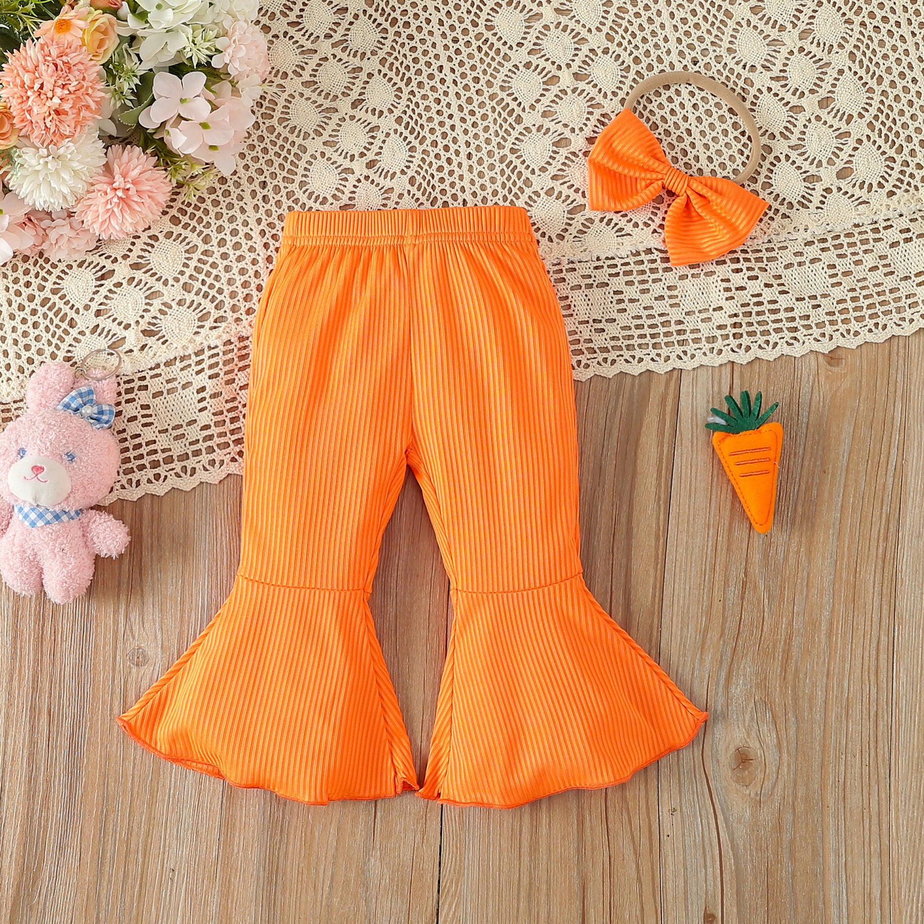 Wholesale Easter Cotton Bunny Trousers and Hair Tie Three-piece Set