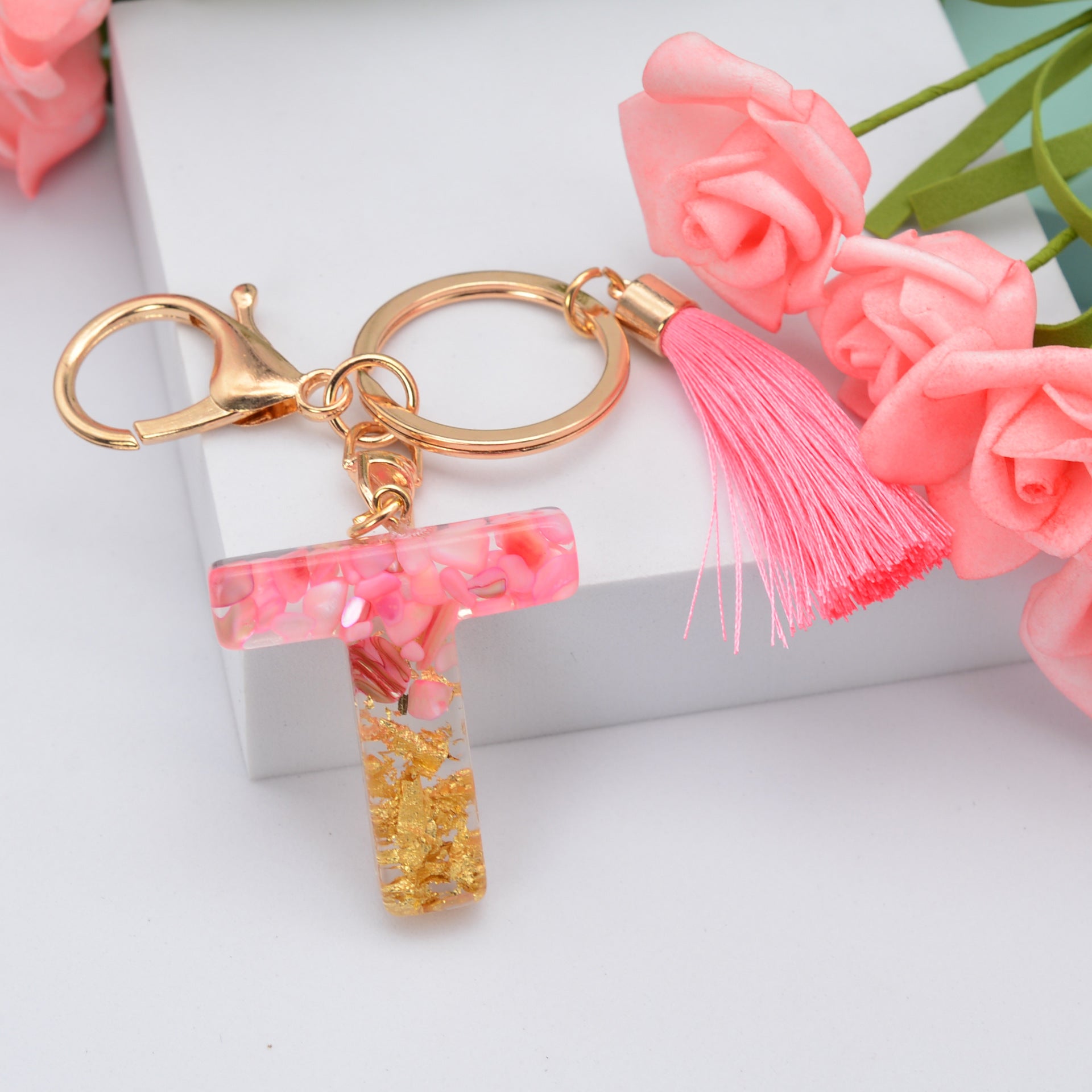 Wholesale Pink Tassel 26 Letter Crystal Resin Keychain