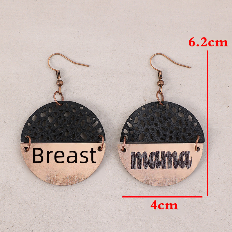 Wholesale Mother's Day Retro Wood Leather Letter Mom Round Earrings