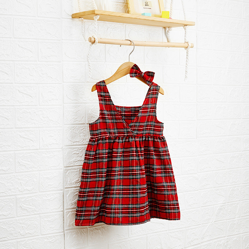 Wholesale Stylish Checkered Print Girls Princess Dress With Bow Headband Korean Style Sleeveless Backless Cotton Blend Party Dress For Gift Resale