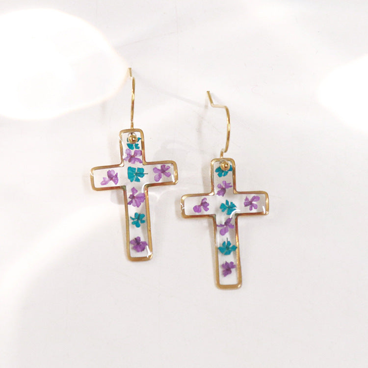 Wholesale 6pcs Resin Natural Dried Flower Cross Earrings