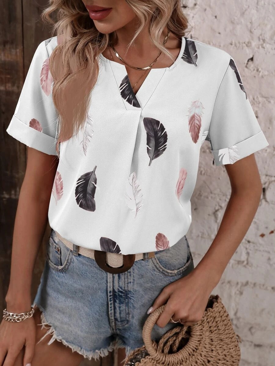 Wholesale Feather Pattern Printed V Neck Loose Short Sleeves