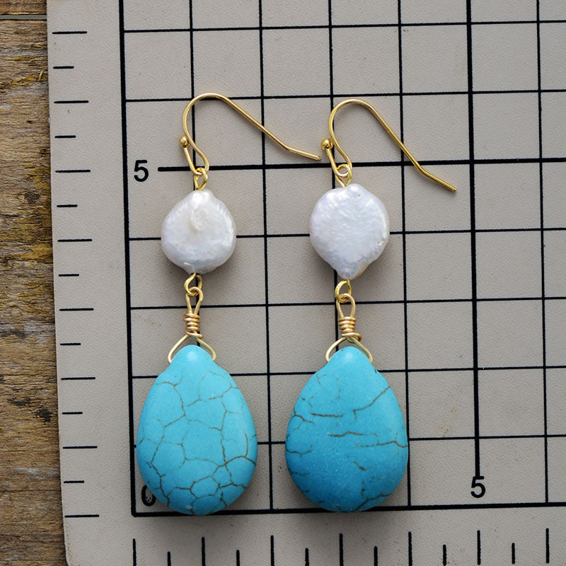 Wholesale Bohemian Turquoise Water Drop Pearl Natural Stone Pendant Earrings