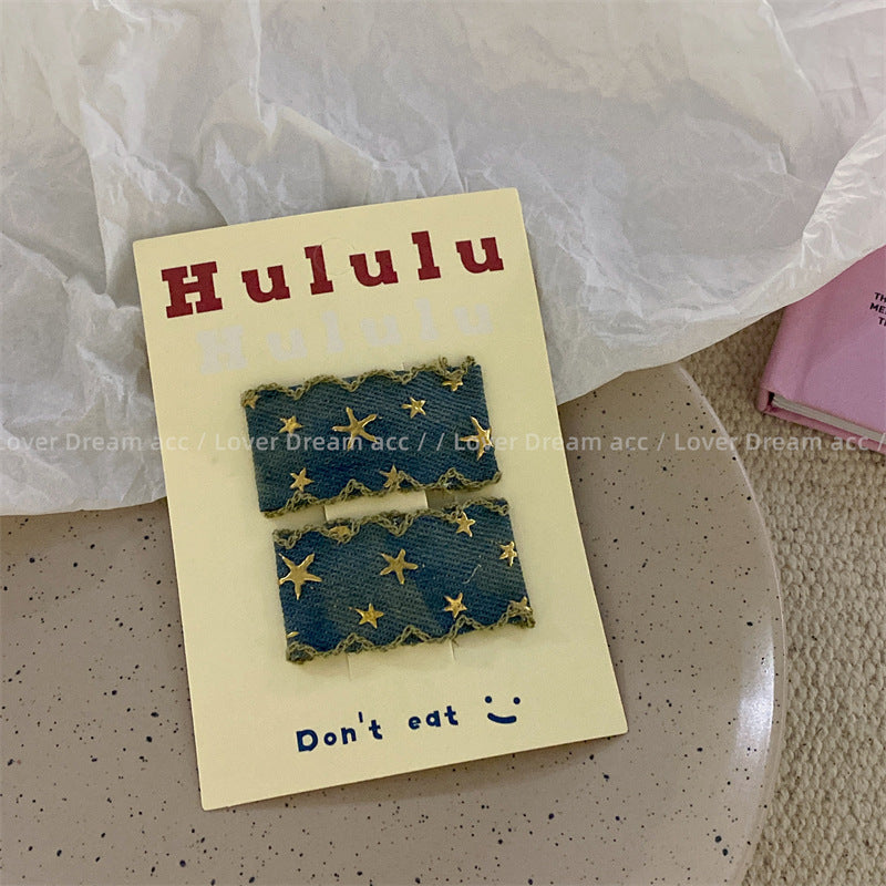 Wholesale Retro Star Denim Bow Fabric Hair Clips