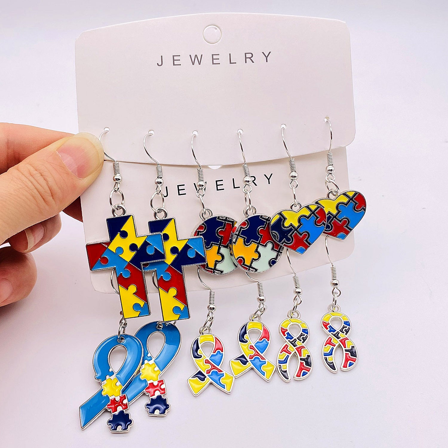 Wholesale Cross Peach Heart Love Puzzle Autism Earring Set
