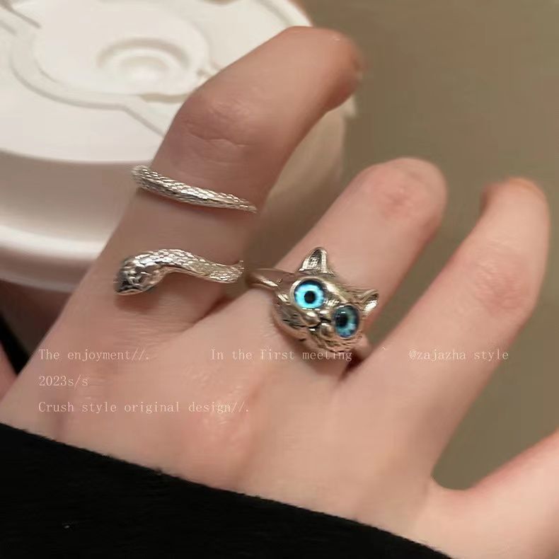 Wholesale Cartoon blue cat eye silver snake ring