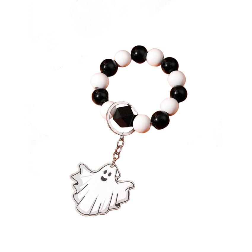 Wholesale Halloween Wooden Spooky Pumpkin Spider Beaded Wrist Keychain