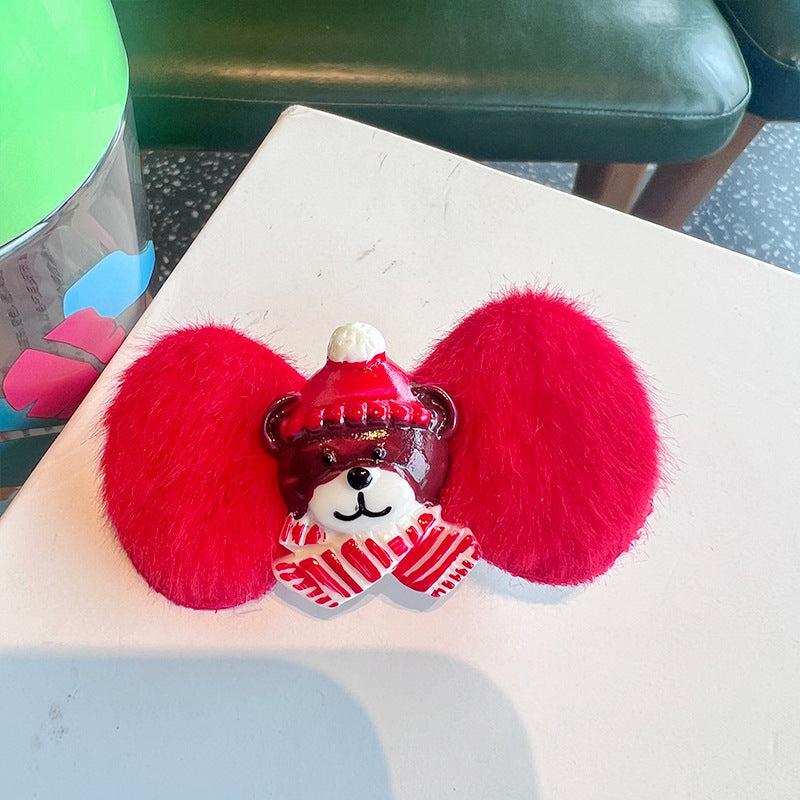 Wholesale Christmas Red Bear Bow Plush Hair Clip