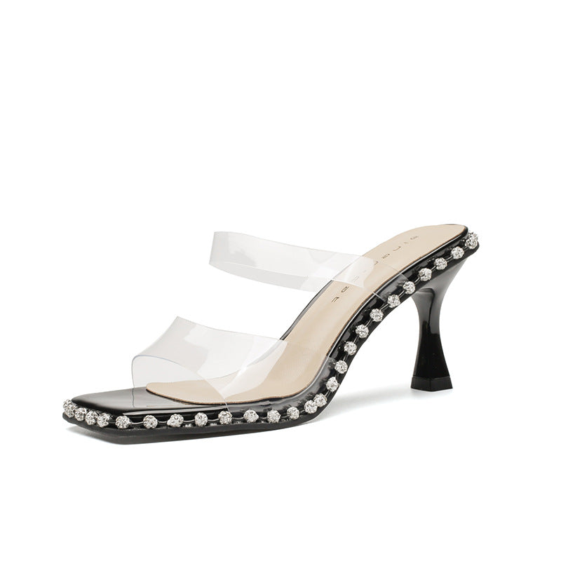 Wholesale square head slippers women's summer wear transparent one-word high-heeled sandals