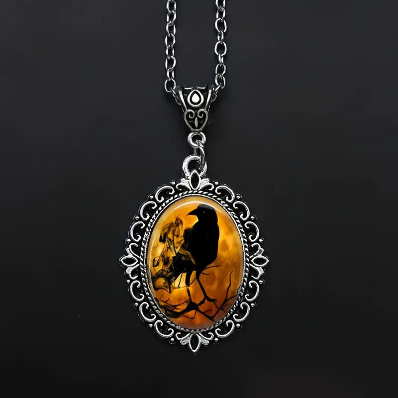 Wholesale Gothic Raven Oval Glass Necklace