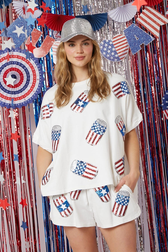 Wholesale Independence Day Top Sequined Pants Suit Short Sleeve Two Piece Set