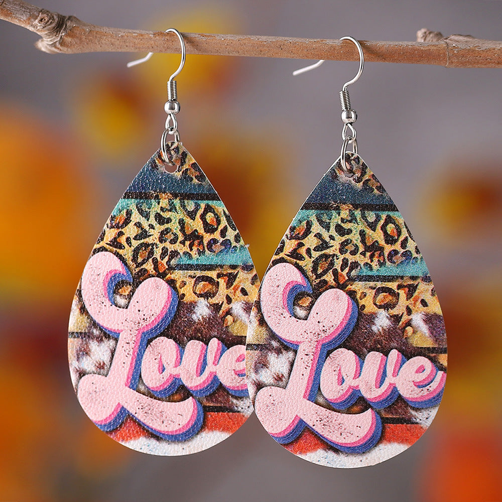 Wholesale Valentine's Day Love Leopard Heart Water Drop Pendant PU Double-sided Valentine's Day Earrings
