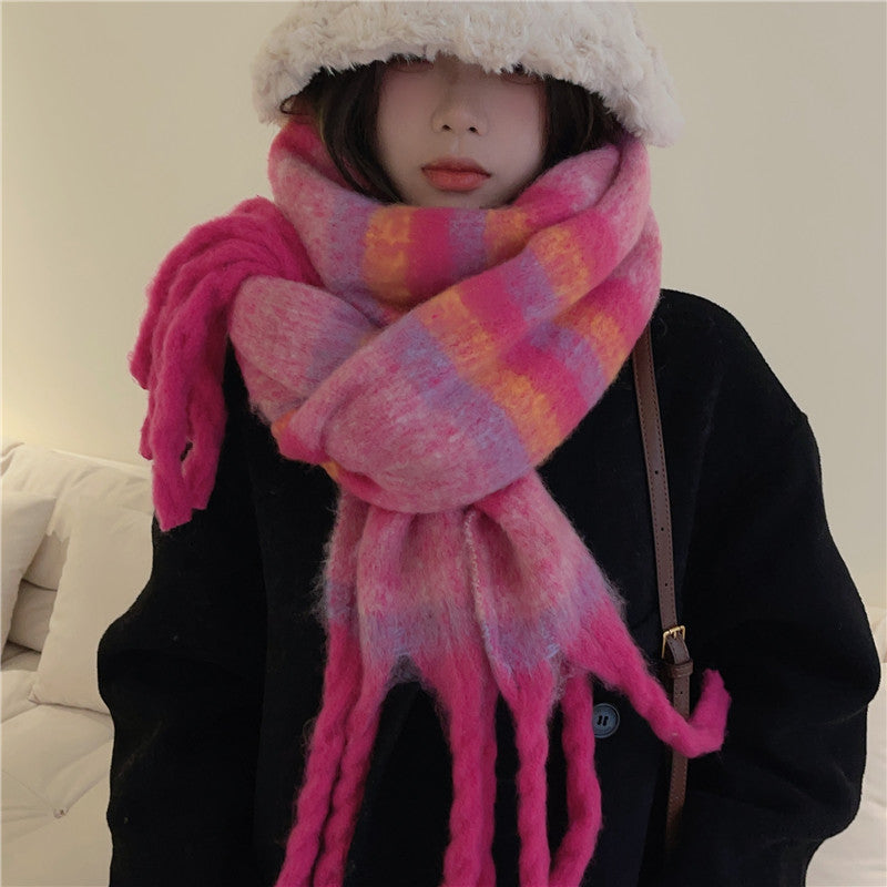 Wholesale Thick Color Striped Tassel Plush Scarf