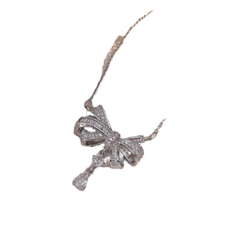 Wholesale Bowknot Phantom Water Drop Hollow Fan-shaped Diamond Pendant Clavicle Necklace