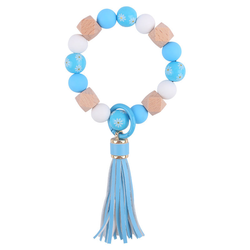 Wholesale Wooden Small Daisy Flower Leather PU Short Tassel Handmade Beaded Bracelet Keychains
