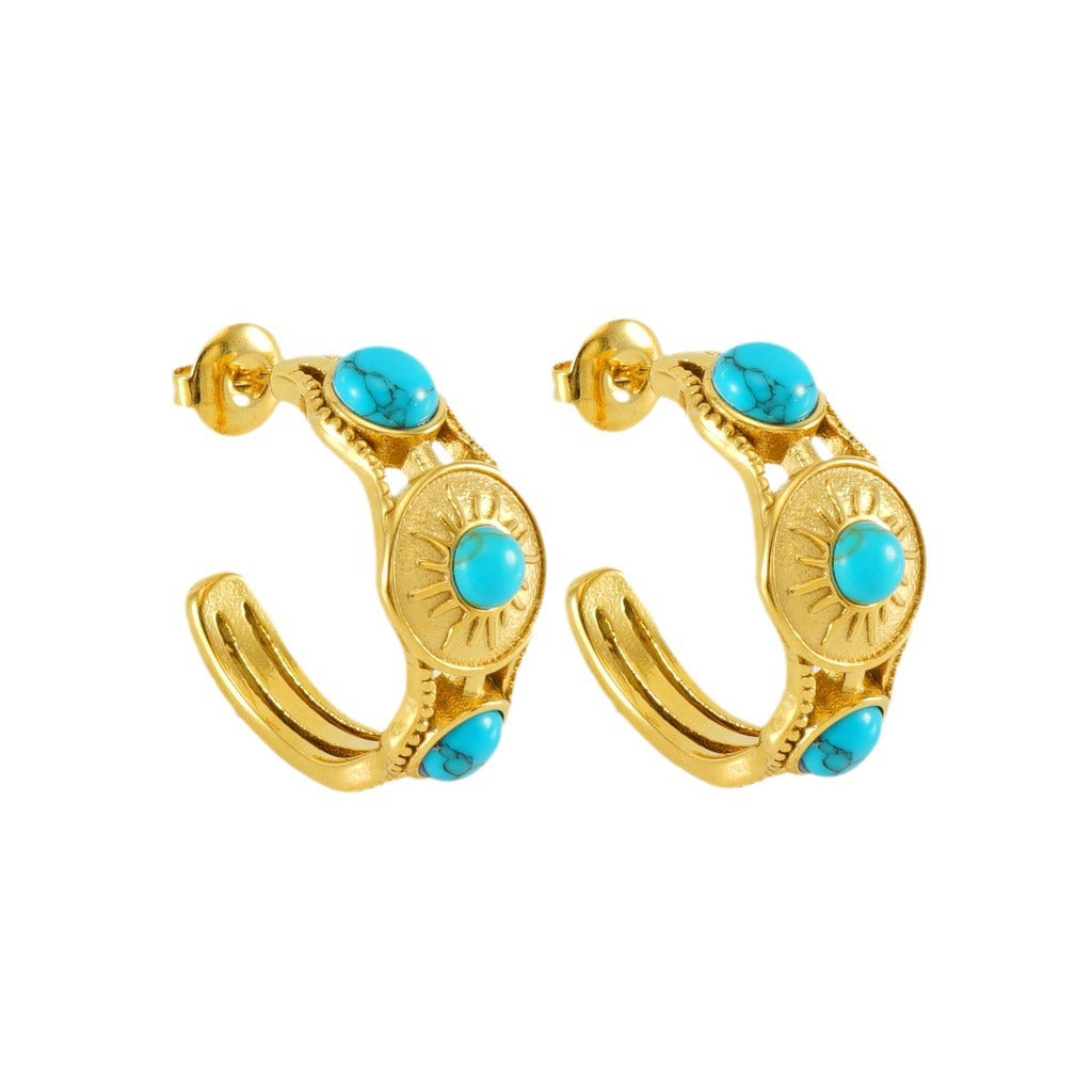 Wholesale Retro Fashion Temperament Versatile Design Texture Light Luxury Inlaid Blue Turquoise Earrings
