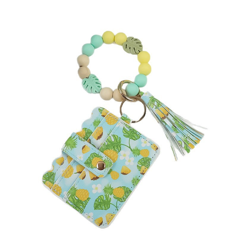 Wholesale Fruit Print Pu Card Holder Silicone Beaded Keychain Silicone Bead Bracelet