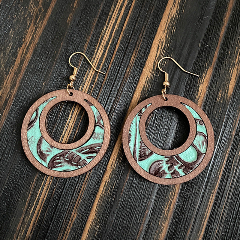 Wholesale Genuine leather hollow inlay lightweight fashionable wood Earrings